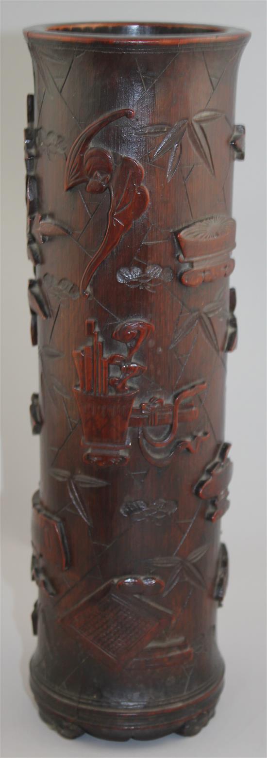 A Chinese bamboo hundred antiques cylindrical brush pot, 19th century, 34cm